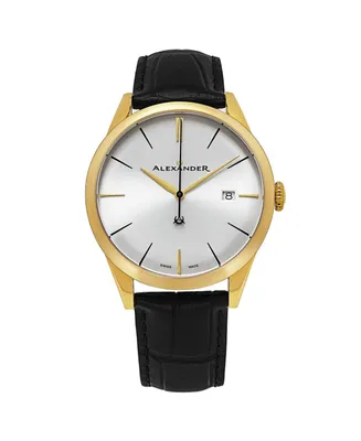 Alexander Watch A911-07, Stainless Steel Yellow Gold Tone Case on Black Embossed Genuine Leather Strap