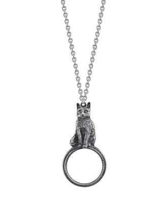 2028 Pewter Cat Magnifying Glass Pendant Necklace 30"