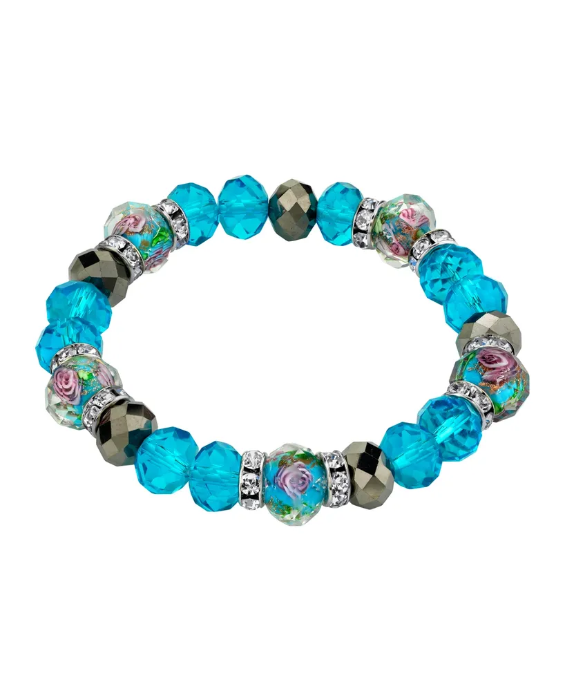 2028 Silver Tone Aqua Pink Flower Crystal Stretch Beaded Bracelet