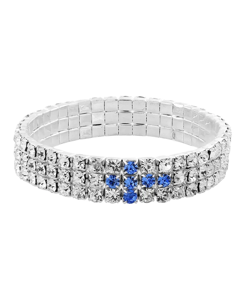 Symbols of Faith Silver-Tone Blue Rhinestone Cross Stretch Bracelet
