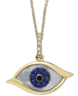 Effy Mother-of-Pearl, Sapphire (1/10 ct. t.w.) & Diamond Accent Evil-Eye 18" Pendant Necklace in 14k Gold