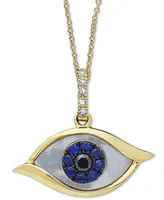 Effy Mother-of-Pearl, Sapphire (1/10 ct. t.w.) & Diamond Accent Evil-Eye 18" Pendant Necklace in 14k Gold