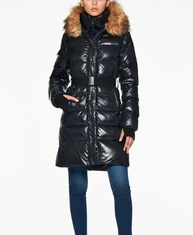 Women's Belted Hooded Faux-Fur-Trim Puffer Coat