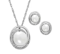 Cultured Freshwater Pearl (7 & 8mm) and Diamond Accent Pendant Necklace and Earrings Set in Sterling Silver