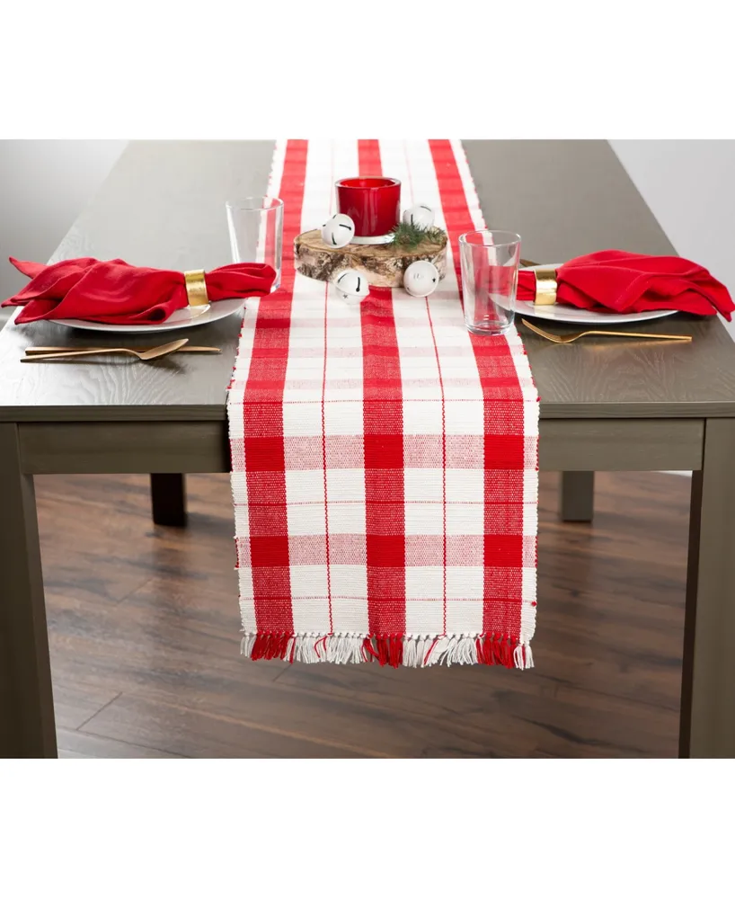 Design Imports Red Tinsel Plaid Fringed Table Runner
