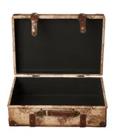 Vintiquewise Old World Map Leather Vintage-Like Style Suitcase with Straps, Set of 2