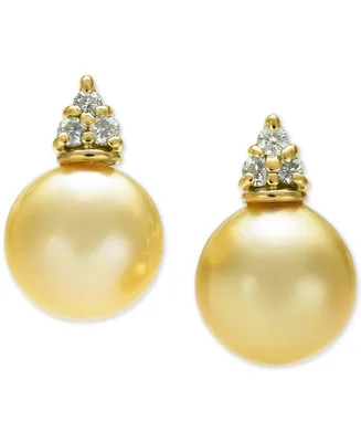 Cultured Golden South Sea Pearl (9mm) & Diamond (1/8 ct. t.w.) Stud Earrings in 14k Gold