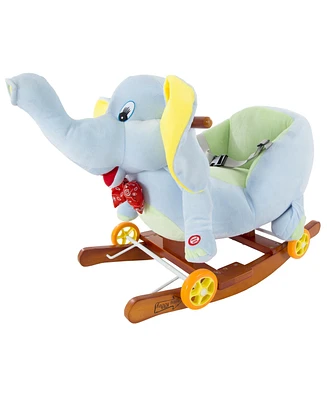 Happy Trails Rocking Horse Plush Animal Elephant 2-in-1 Wooden Rockers Wheels