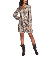 1.state Women's Long Sleeve Ruffled Snake-Print Wrap Dress