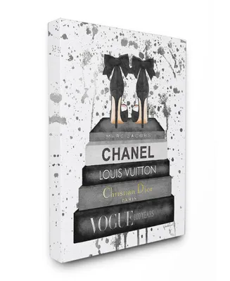 Stupell Industries Glam Fashion Book Stack Gray Bow Pump Heels Ink Canvas Wall Art