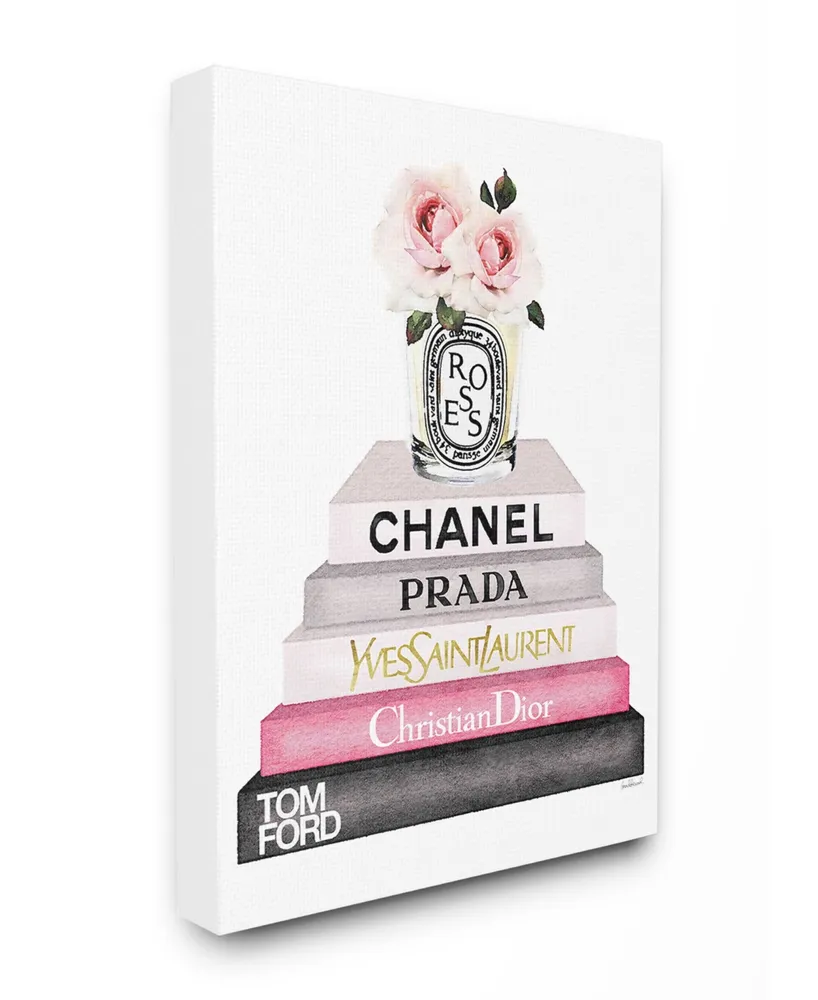 Stupell Industries Book Stack Fashion Candle Pink Rose Canvas Wall Art