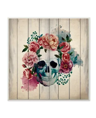 Stupell Industries Floral Skull Watercolor on Planks Wall Plaque Art, 12" x 12"