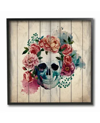 Stupell Industries Floral Skull Watercolor on Planks Framed Giclee Art, 12" x 12"