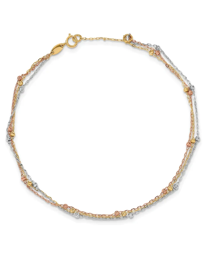 Three Strand Beaded Anklet in 14k White, Yellow and Rose Gold