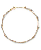 Three Strand Beaded Anklet in 14k White, Yellow and Rose Gold