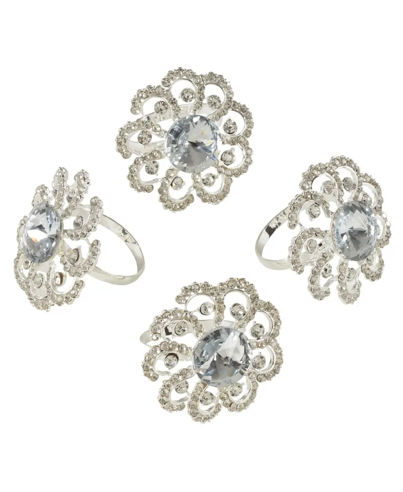 Saro Lifestyle Jeweled Floral Napkin Ring Set of 4, 1.5" x 1.5"