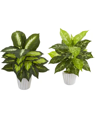 Nearly Natural 19" Dieffenbachia Artificial Plant in White Vase, Set of 2