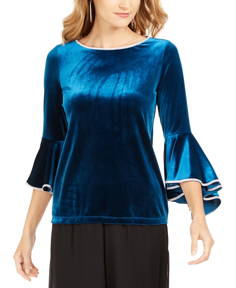 Msk Embellished-Trim Velvet Bell-Sleeve Top