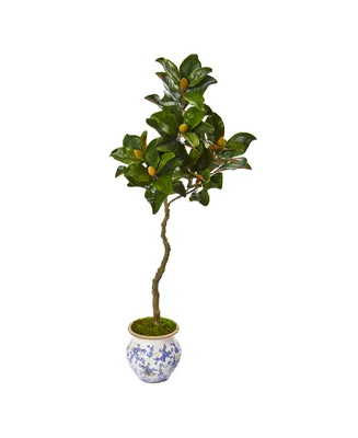 Nearly Natural 57" Magnolia Artificial Tree in Vintage Floral Planter