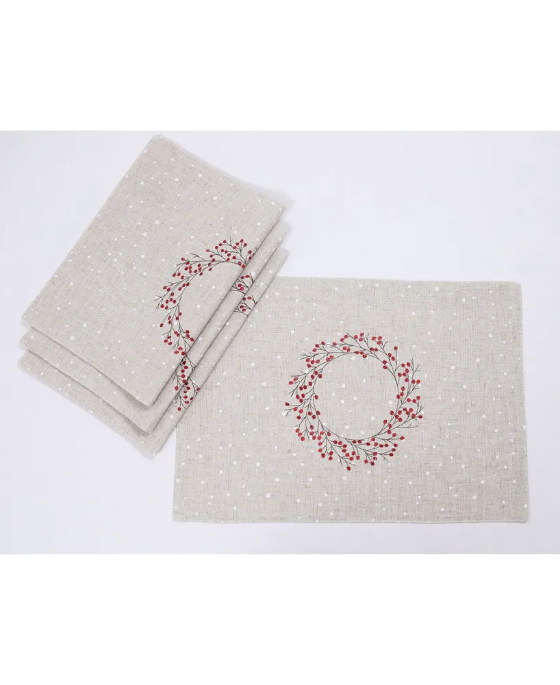 Manor Luxe Holly Berry Wreath Embroidered Christmas Placemats, Set of 4