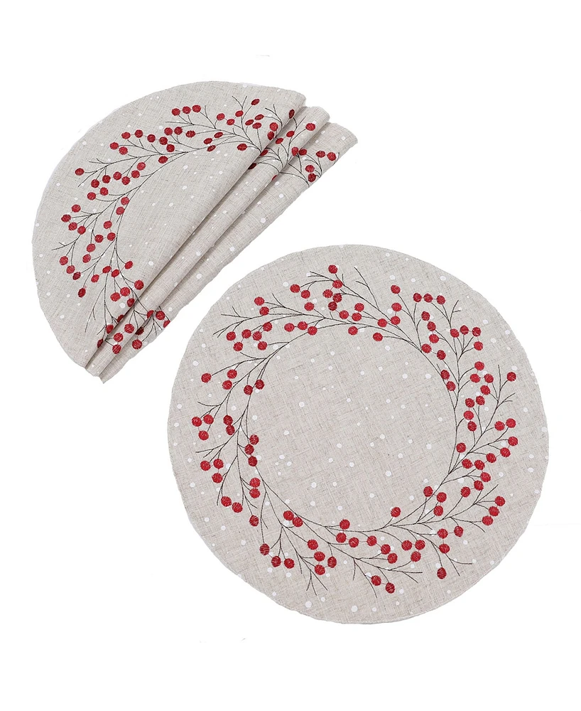 Manor Luxe Holly Berry Wreath Embroidered Christmas Placemats 16" Round, Set of 4