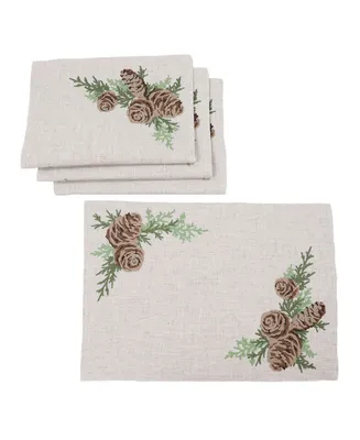 Manor Luxe Winter Pine Cones and Branches Crewel Embroidered Placemats 14" x 20", Set of 4