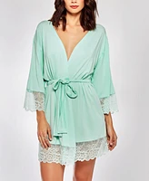 iCollection Elegant Modal Knit Robe Lingerie with Contrast Scalloped Lace