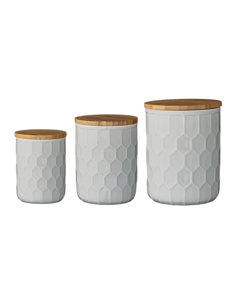 Set of 3 White Stoneware Canisters with Bamboo Lids