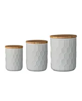 Set of 3 White Stoneware Canisters with Bamboo Lids