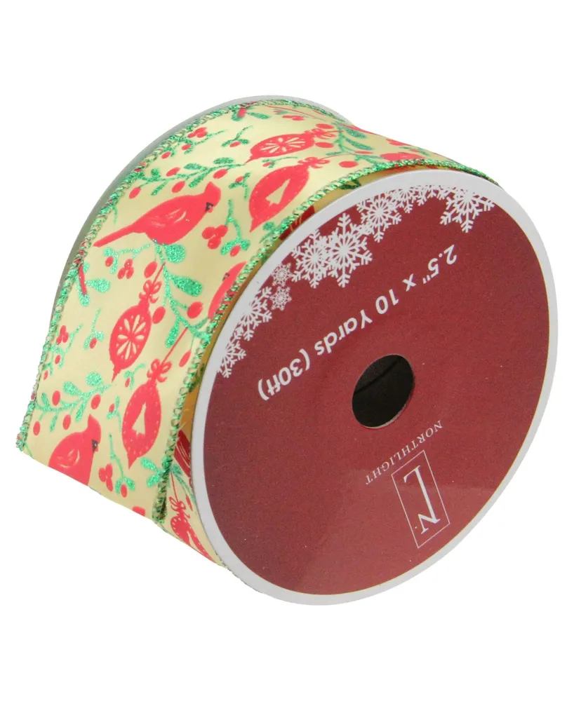 Northlight Pack of 12 Honey Mustard Orange with Red Cardinals Wired Christmas Craft Ribbon Spools - 2.5" x 120 Yards Total