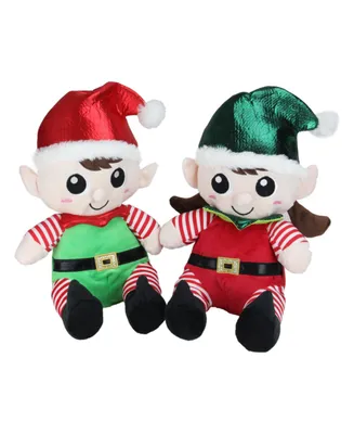 Northlight Set of 2 Plush Sitting Boy and Girl Christmas Elf Figures 13"