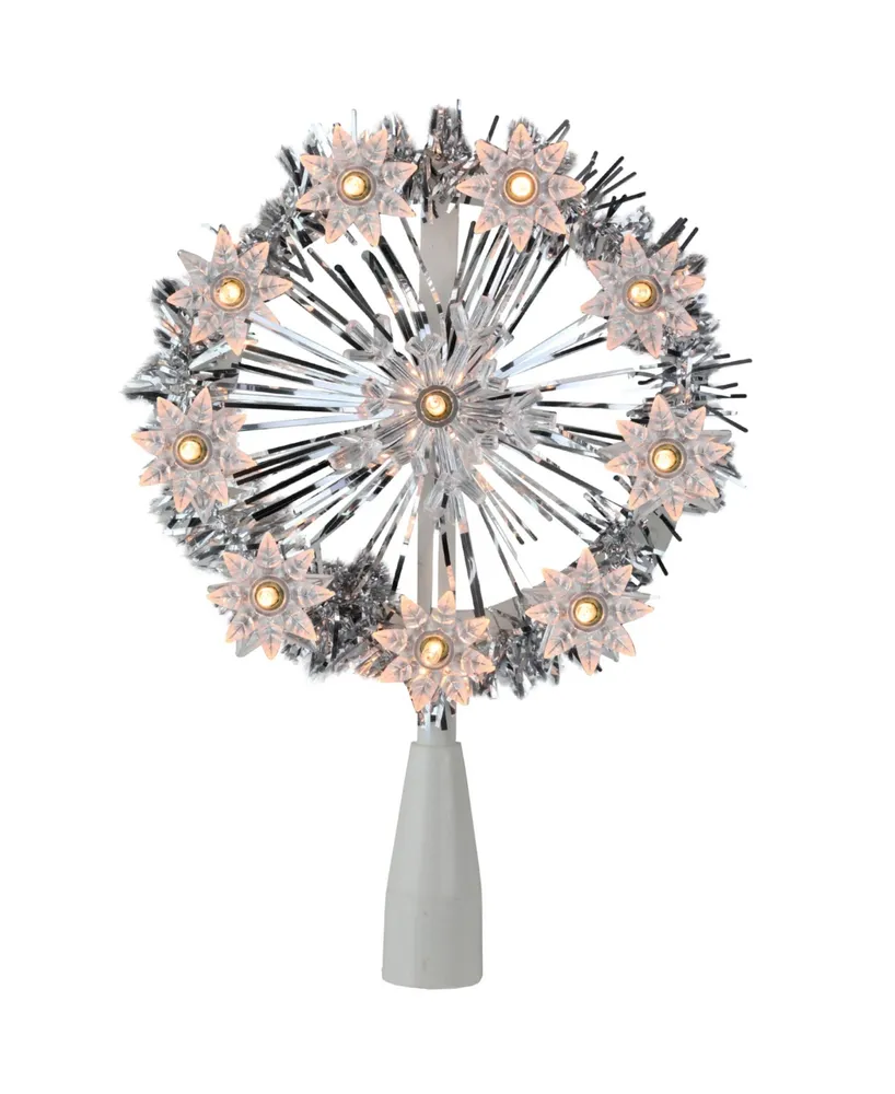 Northlight 7" Silver Tinsel Snowflake Starburst Christmas Tree Topper - Clear Lights