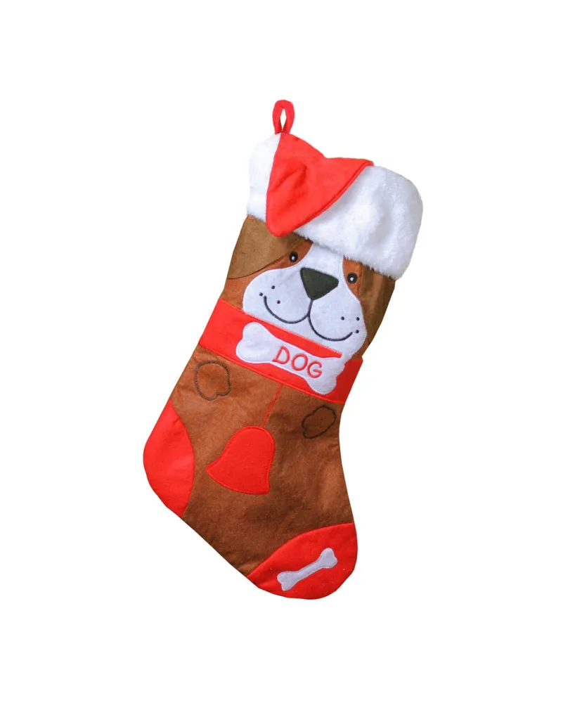 Northlight 17" Red and Brown Embroidered "Dog" Christmas Stocking with White Cuff