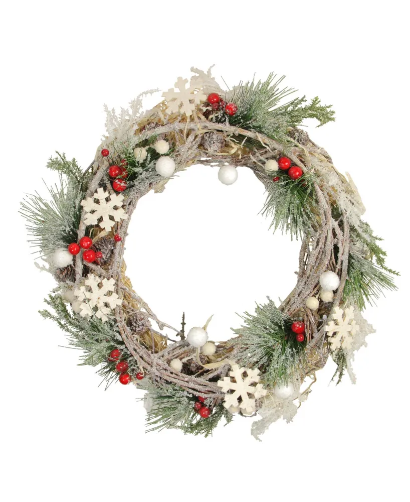 Northlight 13" Snowflakes and Berries Winter Foliage Christmas Wreath - Unlit