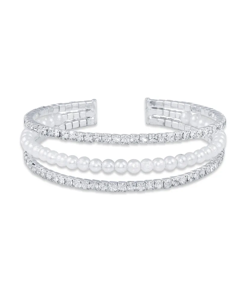 Macy's 3 Row Crystals with Imitation Pearl Coil Cuff Bracelet