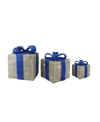 Northlight Set of 3 Lighted Silver with Blue Bows Sisal Gift Boxes Christmas Outdoor Decorations