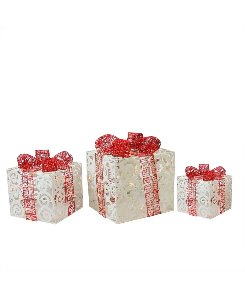 Northlight Set of 3 Lighted Sparkling White Swirl Glitter Gift Boxes Christmas Yard Art Decorations