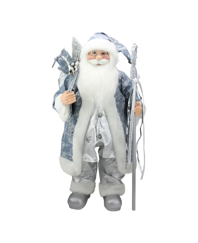 Northlight 25" Ice Palace Standing Santa Claus in Blue and Silver Holding A Staff Christmas Figure