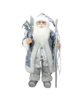 Northlight 25" Ice Palace Standing Santa Claus in Blue and Silver Holding A Staff Christmas Figure