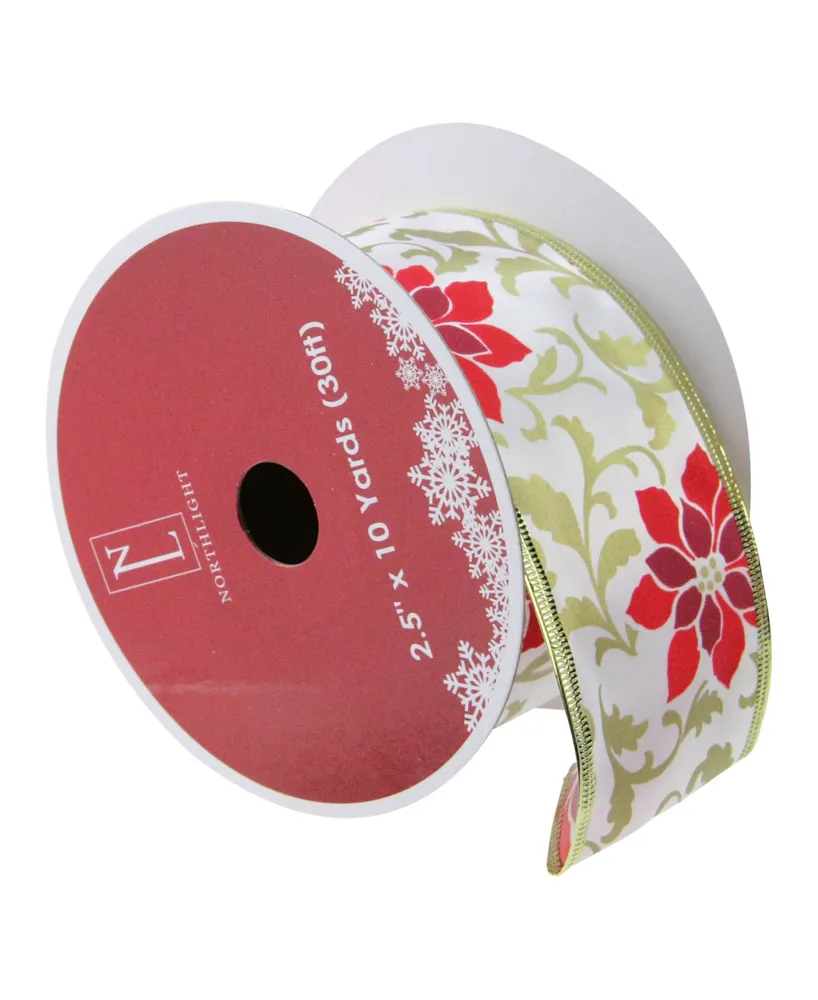 Northlight Pack of 12 Red Poinsettia Print Gold Wired Christmas Craft Ribbon Spools - 2.5" x 120 Yards Total