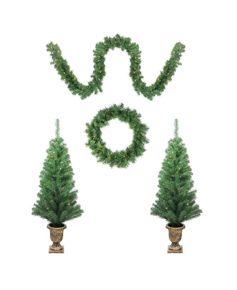 Northlight 5-Piece Artificial Winter Spruce Christmas Trees Wreath and Garland Set - Clear Lights