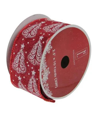 Northlight Cranberry Red and White Trees Burlap Wired Christmas Craft Ribbon 2.5" x 10 Yards
