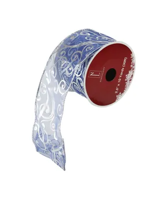 Northlight Blue and Silver Shiny Abstract Swirls Wired Christmas Craft Ribbon 2.5" x 10 Yards