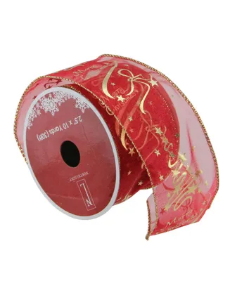 Northlight Cranberry Red and Gold Merry Christmas Wired Christmas Craft Ribbon 2.5" x 10 Yards