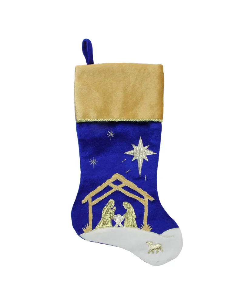 Northlight 20.5" Blue and Gold Nativity Scene Christmas Stocking with Gold Cuff