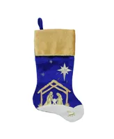 Northlight 20.5" Blue and Gold Nativity Scene Christmas Stocking with Gold Cuff