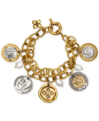 Patricia Nash Two-Tone World Coin & Freshwater Pearl (9mm) Double-Chain Charm Bracelet