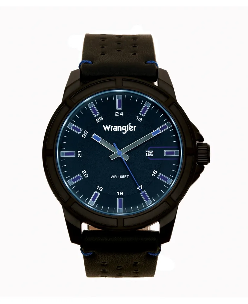 Wrangler Men's Watch 48MM Ip Black Case with Black Dial, Blue Index Markers, Sand Satin Dial, Analog, Date Function, Blue Second Hand, Black Strap wit