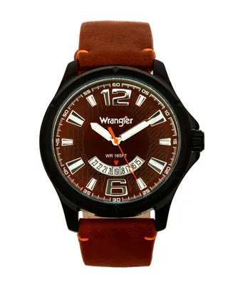 Wrangler Men's Watch, 48MM Ip Black Case, Brown Zoned Dial with White Markers and Crescent Cutout Date Function, Brown Strap with Red Accent Stitch An