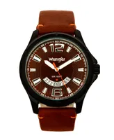 Wrangler Men's Watch, 48MM Ip Black Case, Brown Zoned Dial with White Markers and Crescent Cutout Date Function, Brown Strap with Red Accent Stitch An